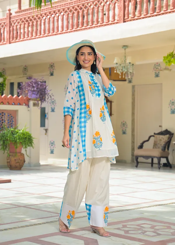 White_Blue_Cotton_A-Line_Floral_Check_Print_Kurta_Palazzo_Set_For_Women