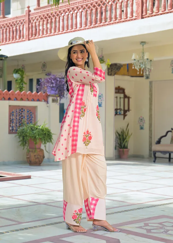 Peach_Cotton_A-Line_Floral_Checkered_Kurta_Set_For_Women