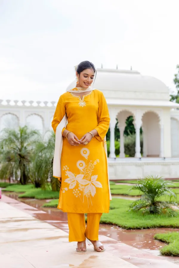 Yellow_Crepe_Three_Piece_Suit_Set_For_Women