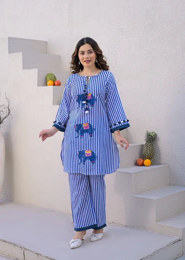Blue_Cotton_Striped_Elephant_Print_Co-Ord_Set_For_Women