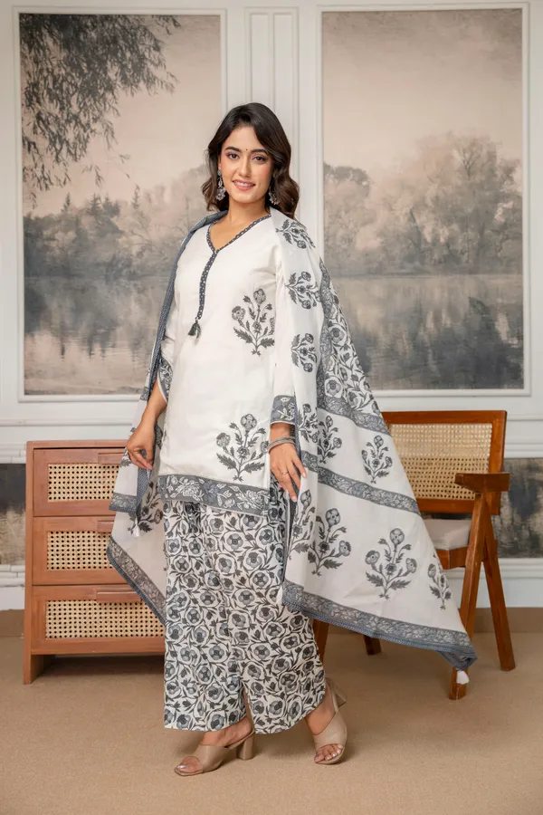 White_Cotton_Floral_Print_Kurta_Palazzo_Set_For_Women