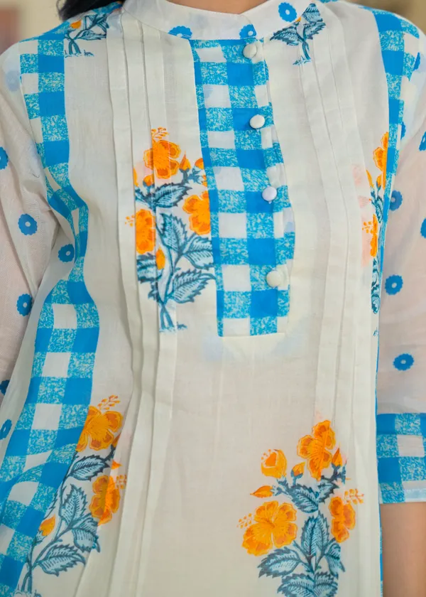 White_Blue_Cotton_A-Line_Floral_Check_Print_Kurta_Palazzo_Set_For_Women