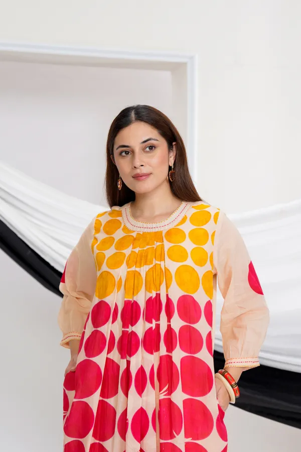 Beige_Cotton_A-Line_Polka_Dot_Print_Kurta_Pant_Set_For_Women