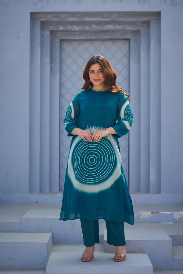 Teal_Cotton_Straight_Shibori_Print_Kurta_Pant_Set_For_Women