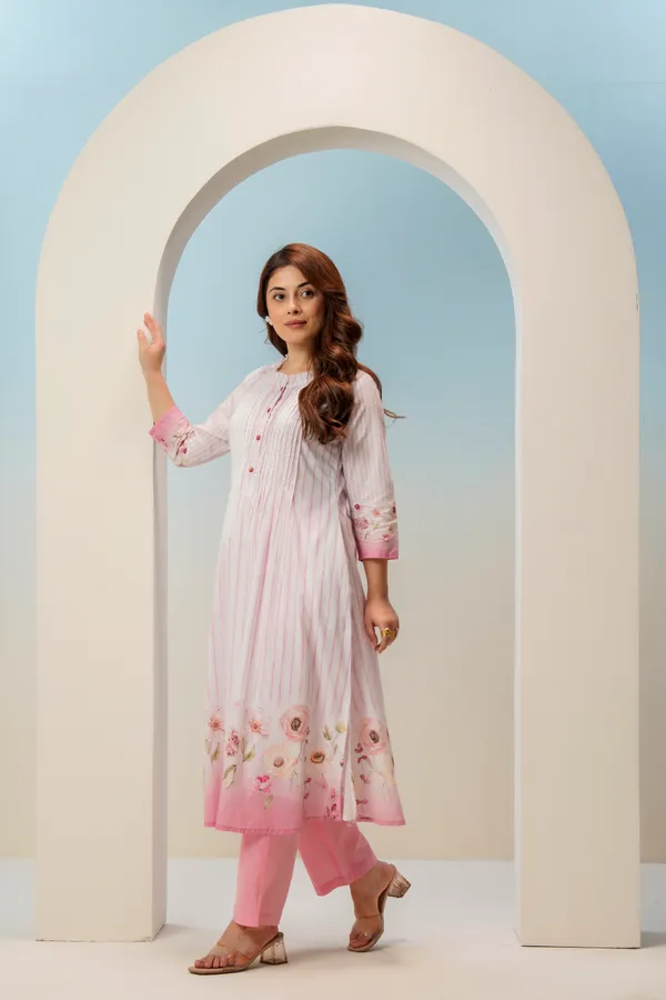 White_Pink_Cotton_A-Line_Striped_Floral_Pintuck_Kurta_For_Women