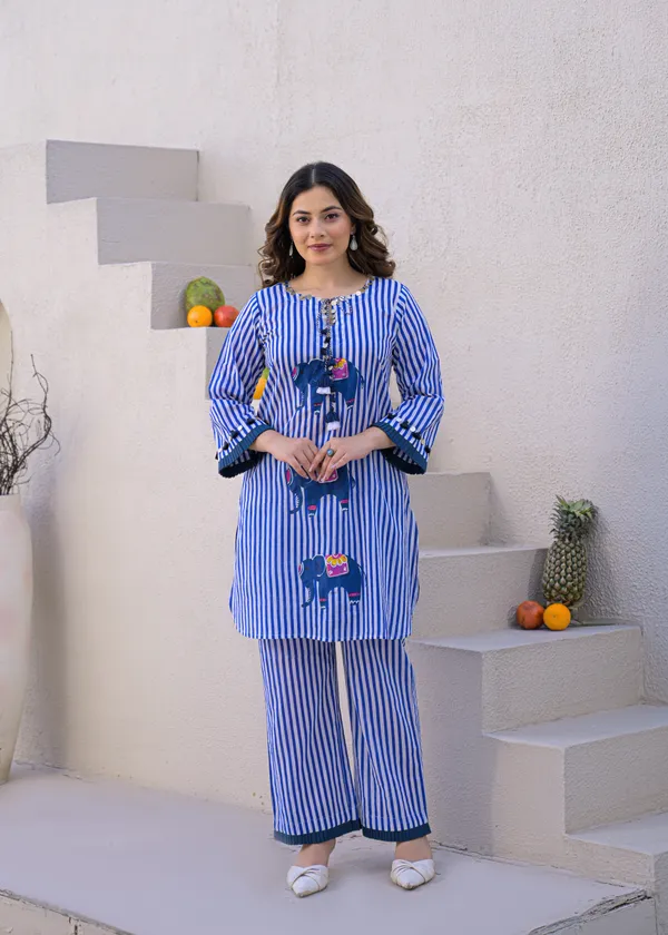 Blue_Cotton_Striped_Elephant_Print_Co-Ord_Set_For_Women