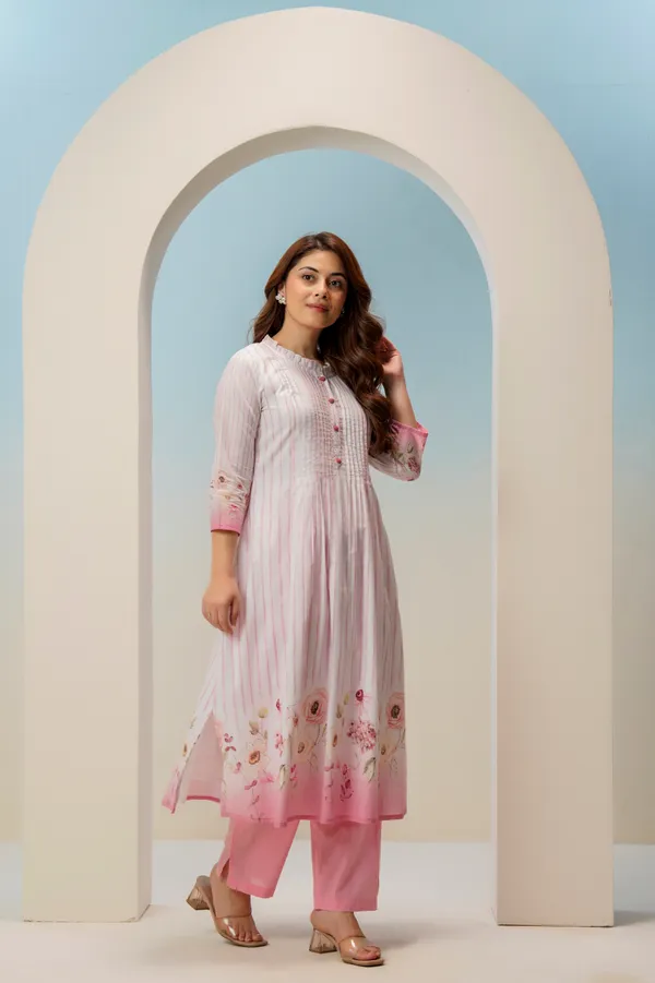 White_Pink_Cotton_A-Line_Striped_Floral_Pintuck_Kurta_For_Women