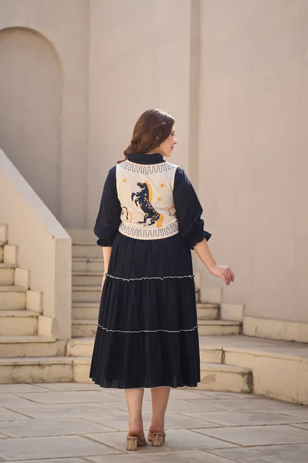 Navy_Cotton_Tiered_Dress_With_Embroidered_Jacket_Set_For_Women