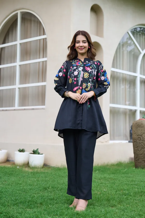 Black_Cotton_Floral_Embroidered_High-Low_Kurta_Set_For_Women
