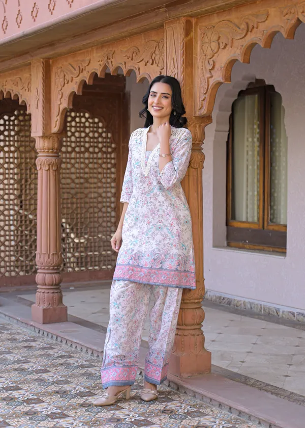White_Cotton_Floral_Print_Straight_Kurta_Palazzo_Set_For_Women