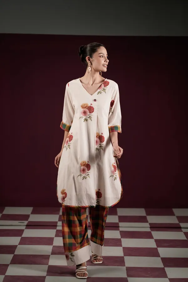 Off_White_Cotton_Floral_Print_A-Line_Kurta_Pant_Set_For_Women