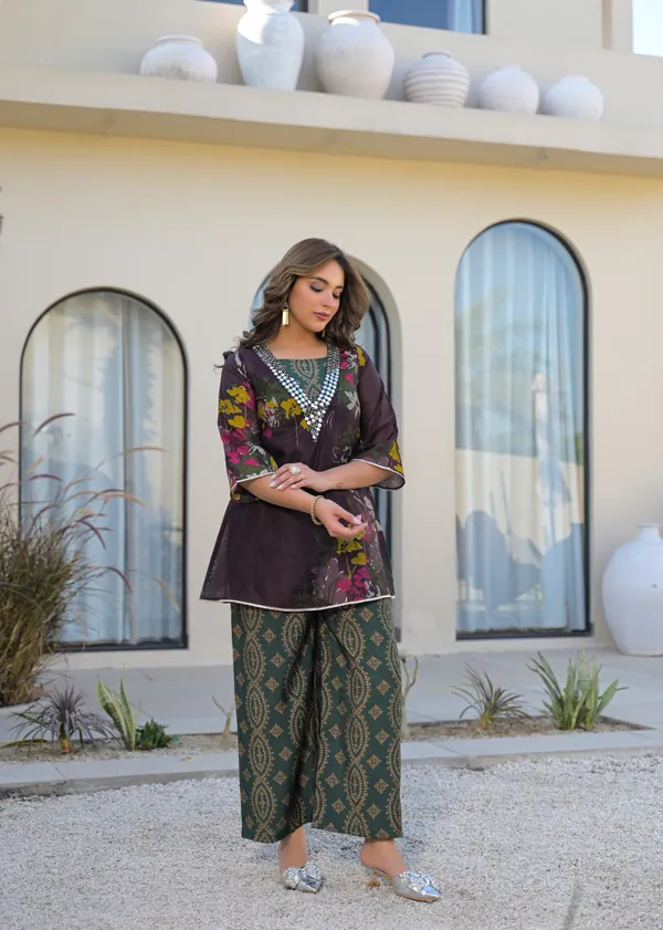 Brown_Green_Crepe_Floral_Print_Embroidered_Kurti_Palazzo_Set_For_Women