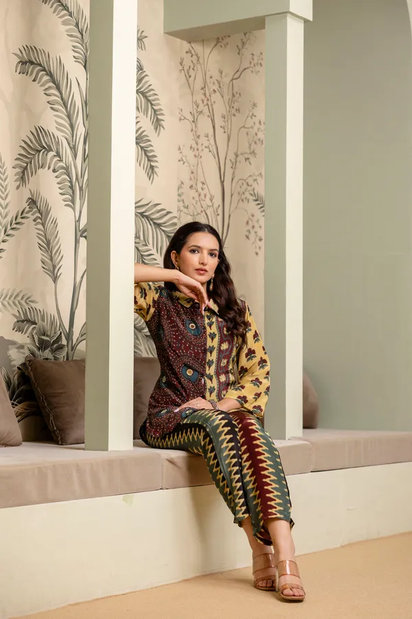 Yellow_Maroon_Cotton_Printed_Collared_Co-Ord_Set_For_Women