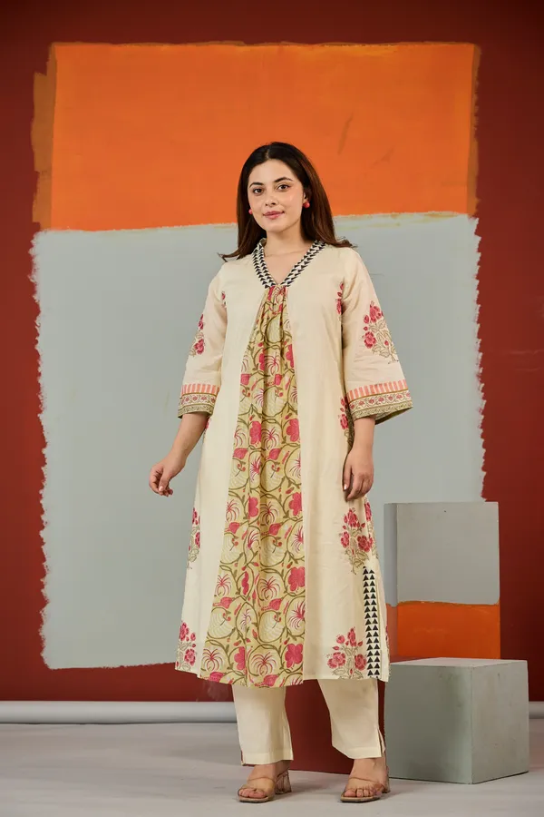 Cream_Cotton_Floral_Print_A-Line_Kurta_Pant_Set_For_Women