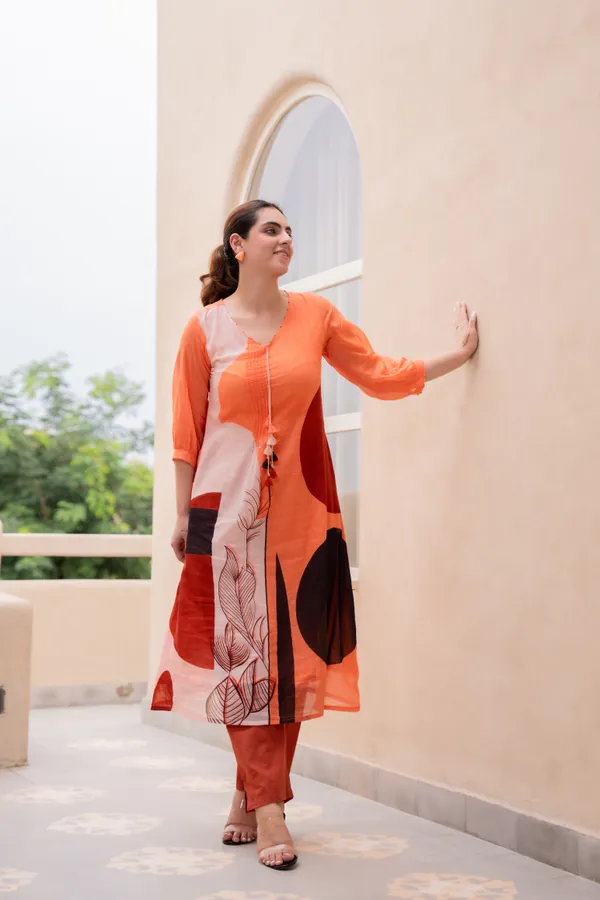 Orange_Cotton_Printed_A-Line_Kurta_Pant_Set_For_Women