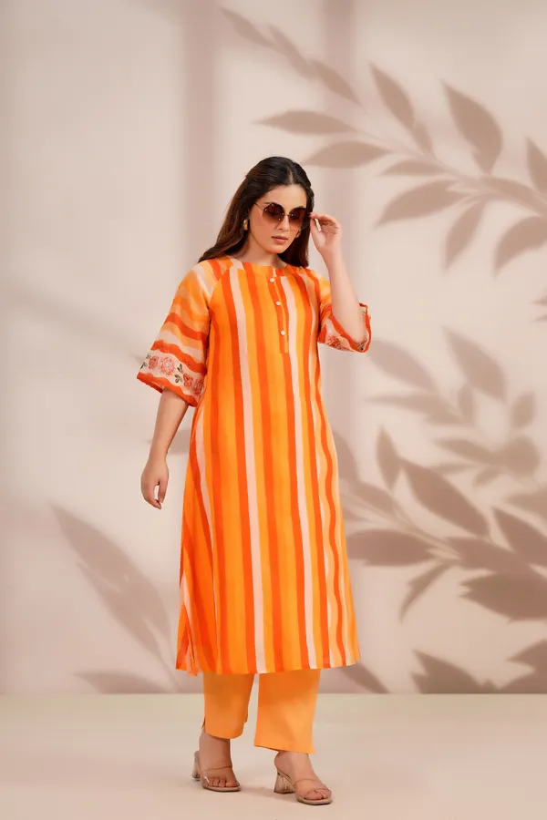Orange_Cotton_Straight_Striped_Kurta_Pant_Set_For_Women