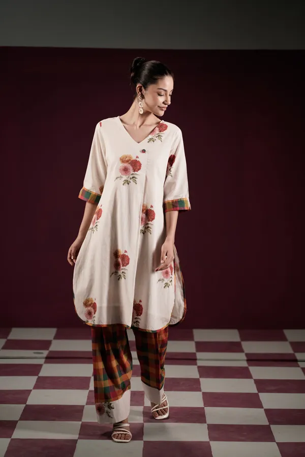 Off_White_Cotton_Floral_Print_A-Line_Kurta_Pant_Set_For_Women