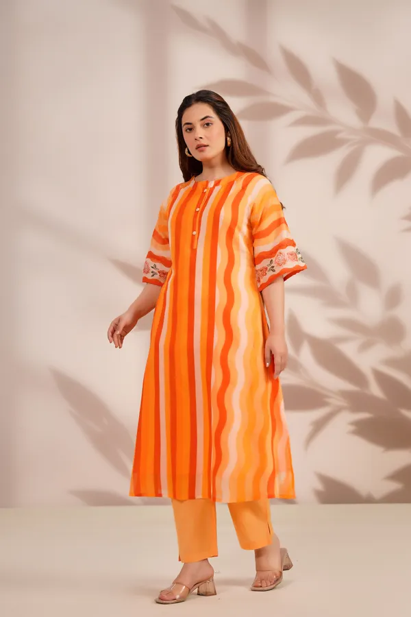 Orange_Cotton_Straight_Striped_Kurta_Pant_Set_For_Women