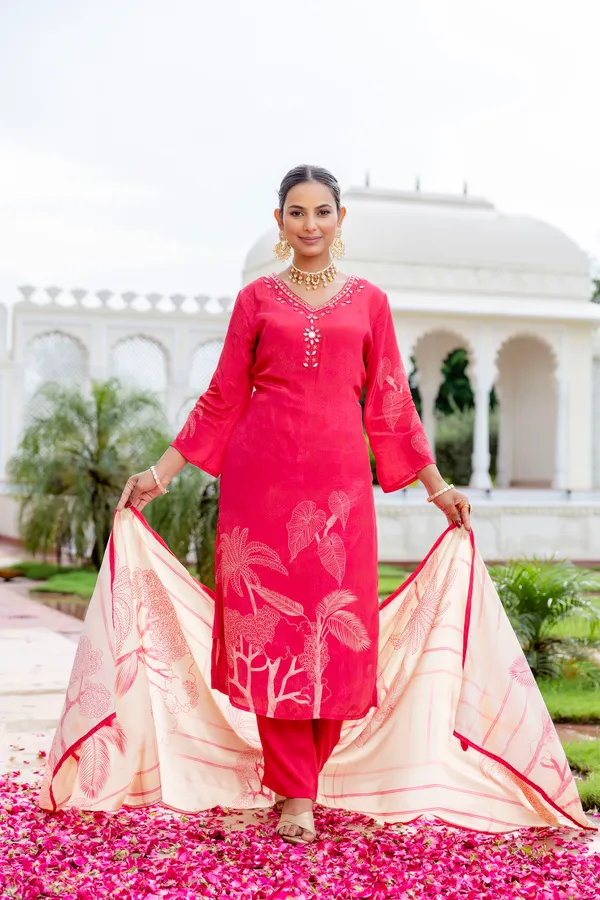 Pink_Cotton_Straight_Palm_Print_Kurta_Dupatta_Set_For_Women