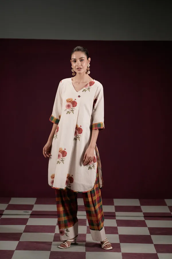 Off_White_Cotton_Floral_Print_A-Line_Kurta_Pant_Set_For_Women