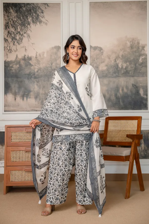 White_Cotton_Floral_Print_Kurta_Palazzo_Set_For_Women