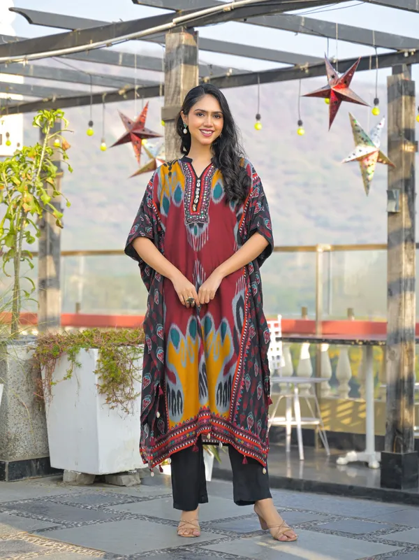 Maroon_Cotton_Ikat_Print_Relaxed_Kaftan_Kurta_For_Women