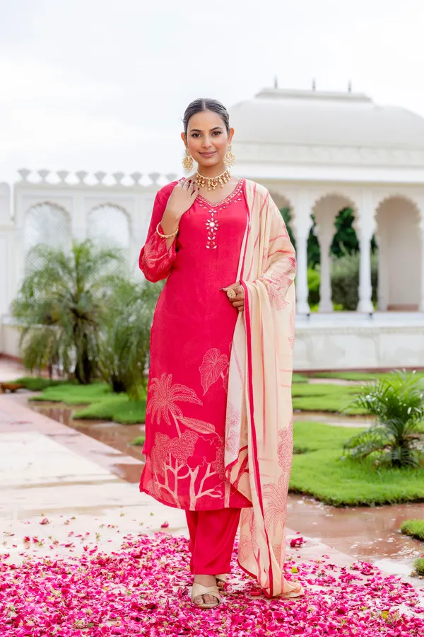 Pink_Cotton_Straight_Palm_Print_Kurta_Dupatta_Set_For_Women