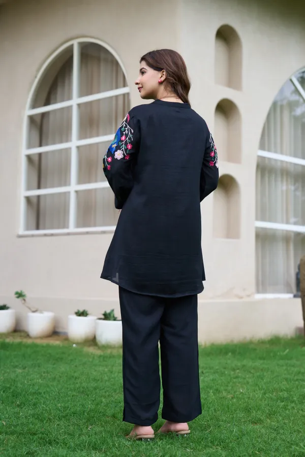 Black_Cotton_Floral_Embroidered_High-Low_Kurta_Set_For_Women
