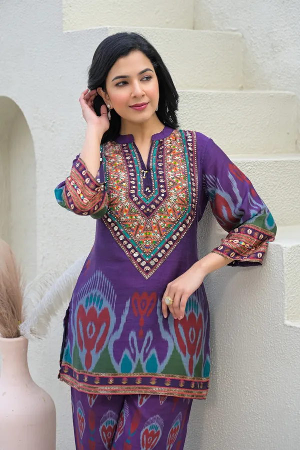 Purple_Cotton_Ikat_Print_Embroidered_Kurta_Palazzo_Set_For_Women
