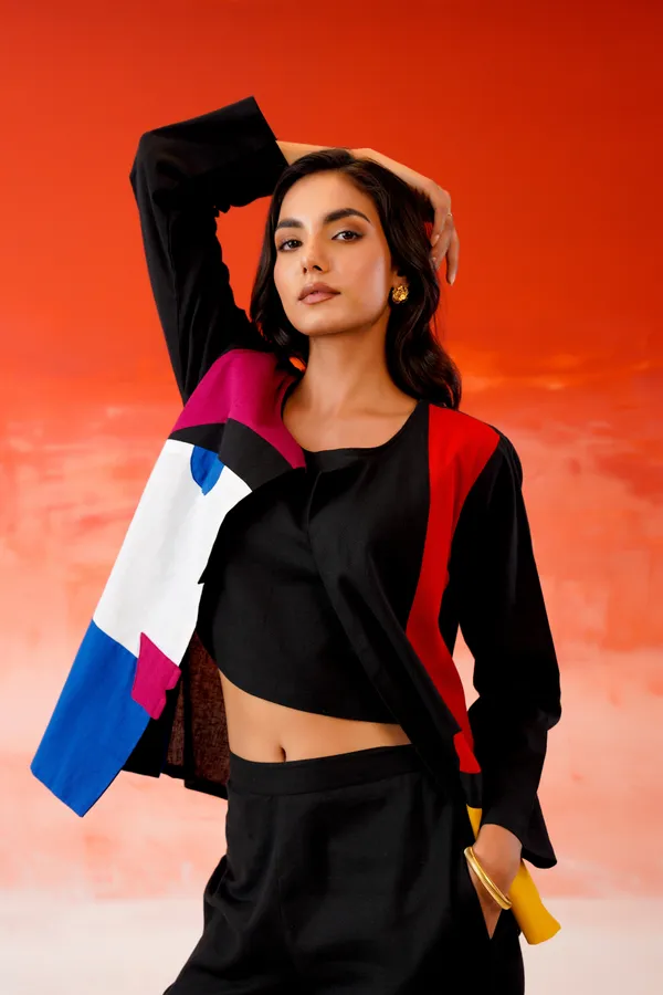 Black_Cotton_Colour_Block_Kimono_Jacket_Co-Ord_Set_For_Women