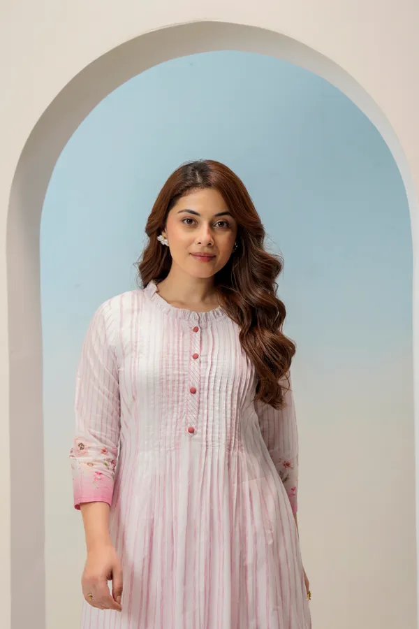 White_Pink_Cotton_A-Line_Striped_Floral_Pintuck_Kurta_For_Women