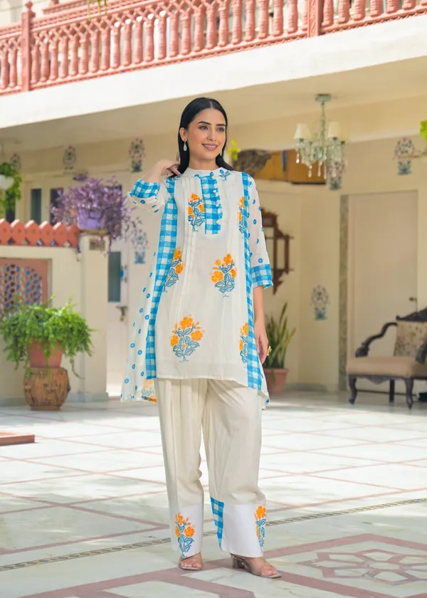White_Blue_Cotton_A-Line_Floral_Check_Print_Kurta_Palazzo_Set_For_Women