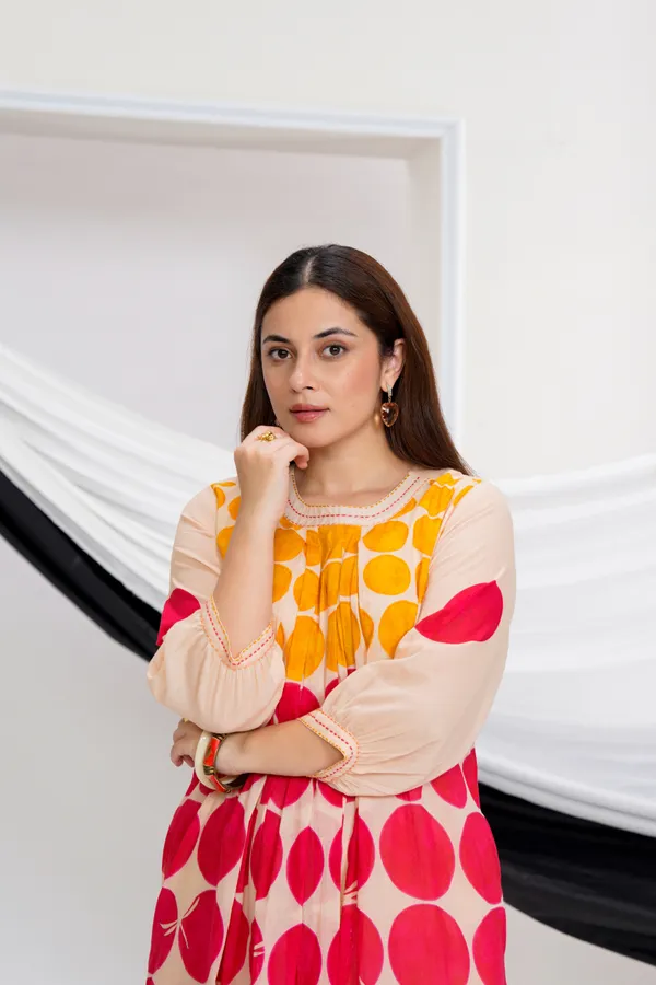 Beige_Cotton_A-Line_Polka_Dot_Print_Kurta_Pant_Set_For_Women