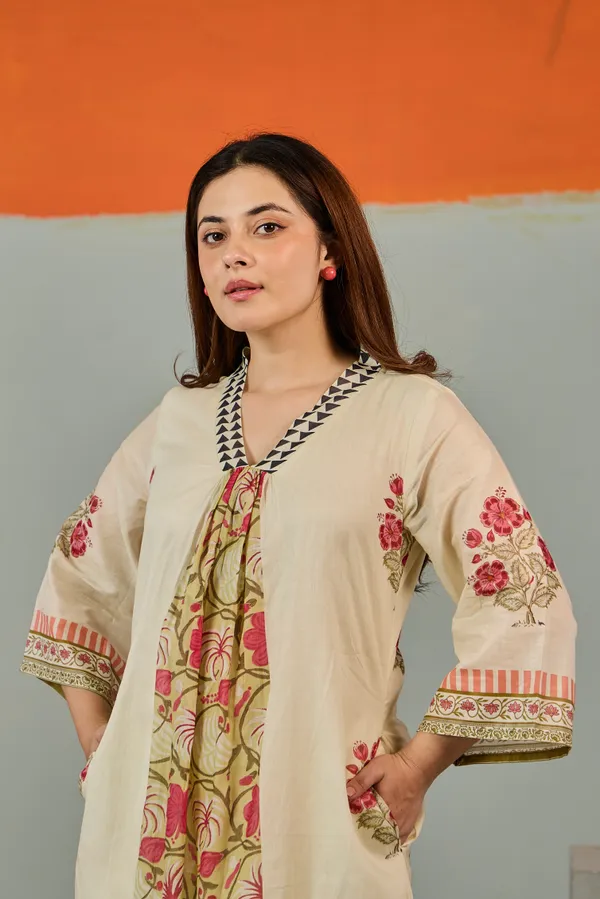 Cream_Cotton_Floral_Print_A-Line_Kurta_Pant_Set_For_Women