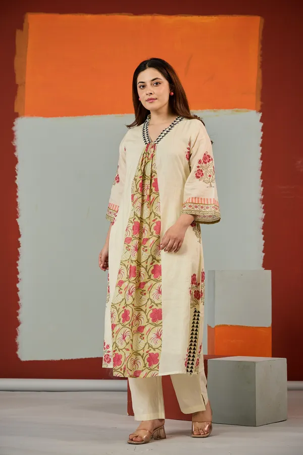 Cream_Cotton_Floral_Print_A-Line_Kurta_Pant_Set_For_Women