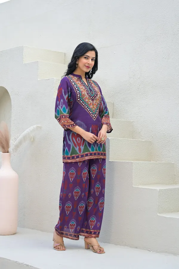 Purple_Cotton_Ikat_Print_Embroidered_Kurta_Palazzo_Set_For_Women