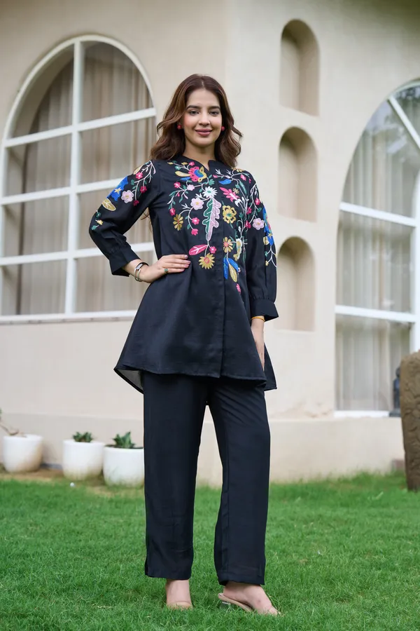 Black_Cotton_Floral_Embroidered_High-Low_Kurta_Set_For_Women