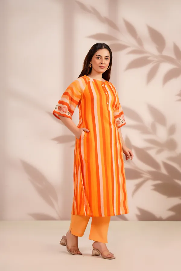 Orange_Cotton_Straight_Striped_Kurta_Pant_Set_For_Women