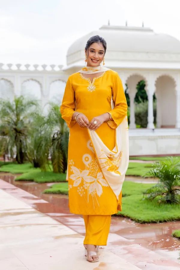 Yellow_Crepe_Three_Piece_Suit_Set_For_Women