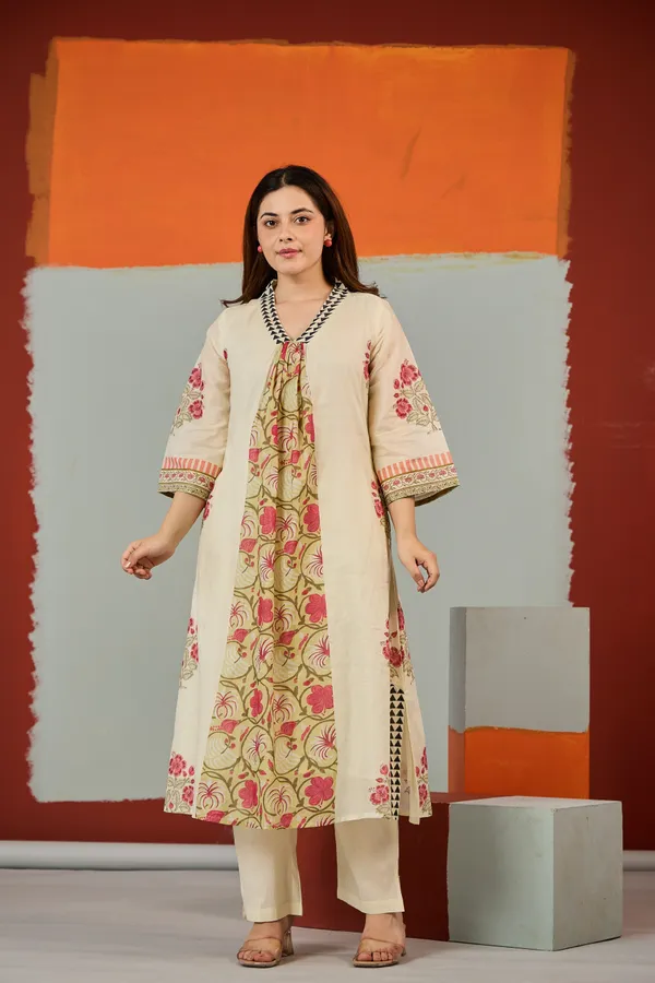 Cream_Cotton_Floral_Print_A-Line_Kurta_Pant_Set_For_Women