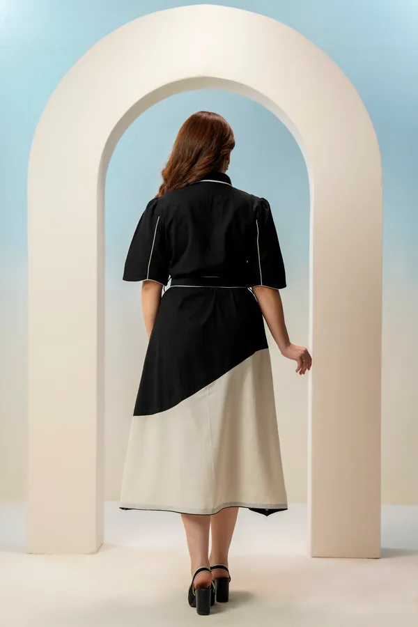 Black_White_Cotton_Colorblock_Midi_Shirt_Dress_For_Women