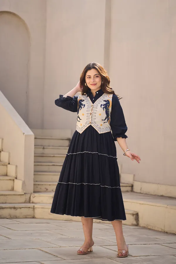 Navy_Cotton_Tiered_Dress_With_Embroidered_Jacket_Set_For_Women