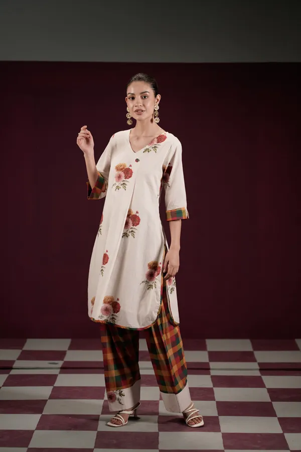 Off_White_Cotton_Floral_Print_A-Line_Kurta_Pant_Set_For_Women