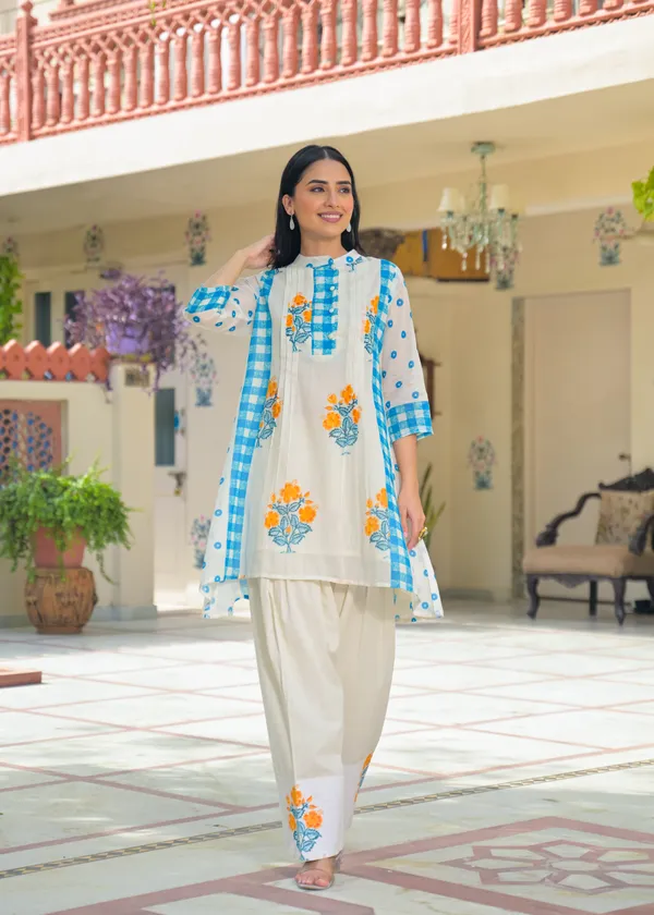 White_Blue_Cotton_A-Line_Floral_Check_Print_Kurta_Palazzo_Set_For_Women