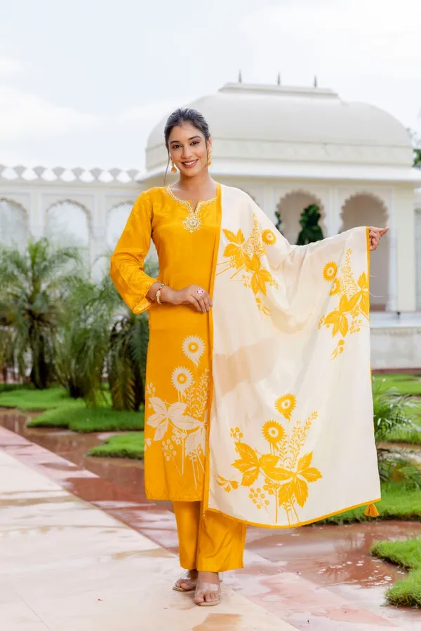Yellow_Crepe_Three_Piece_Suit_Set_For_Women