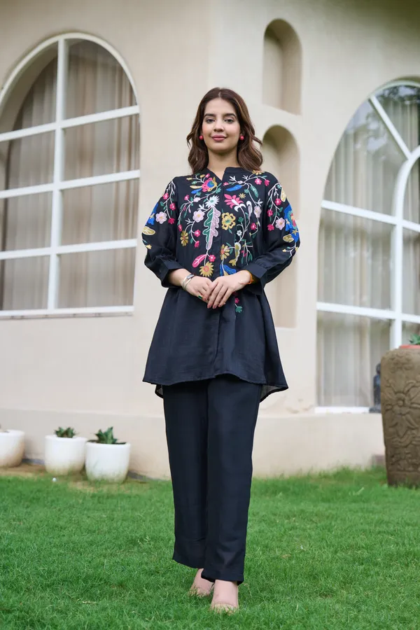 Black_Cotton_Floral_Embroidered_High-Low_Kurta_Set_For_Women