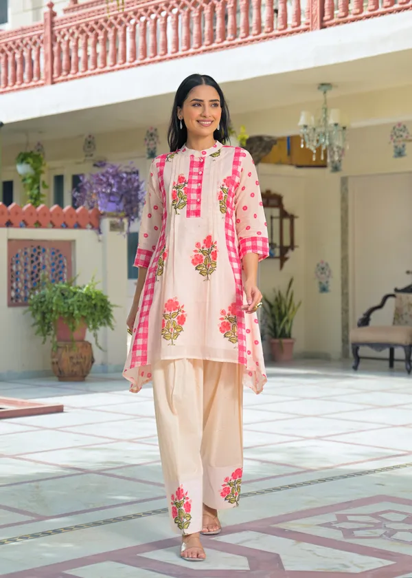 Peach_Cotton_A-Line_Floral_Checkered_Kurta_Set_For_Women