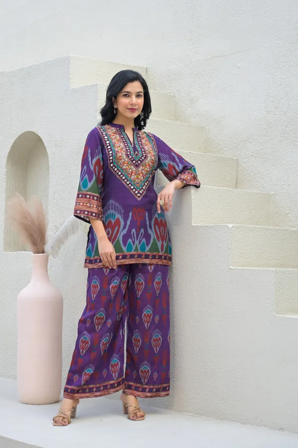 Purple_Cotton_Ikat_Print_Embroidered_Kurta_Palazzo_Set_For_Women