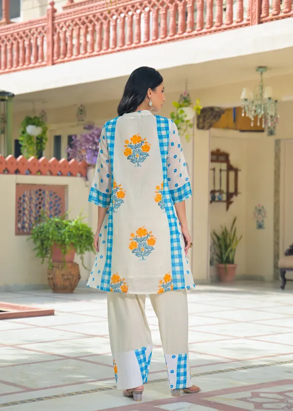 White_Blue_Cotton_A-Line_Floral_Check_Print_Kurta_Palazzo_Set_For_Women