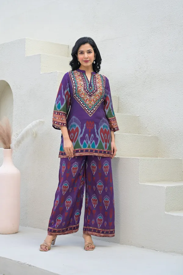Purple_Cotton_Ikat_Print_Embroidered_Kurta_Palazzo_Set_For_Women